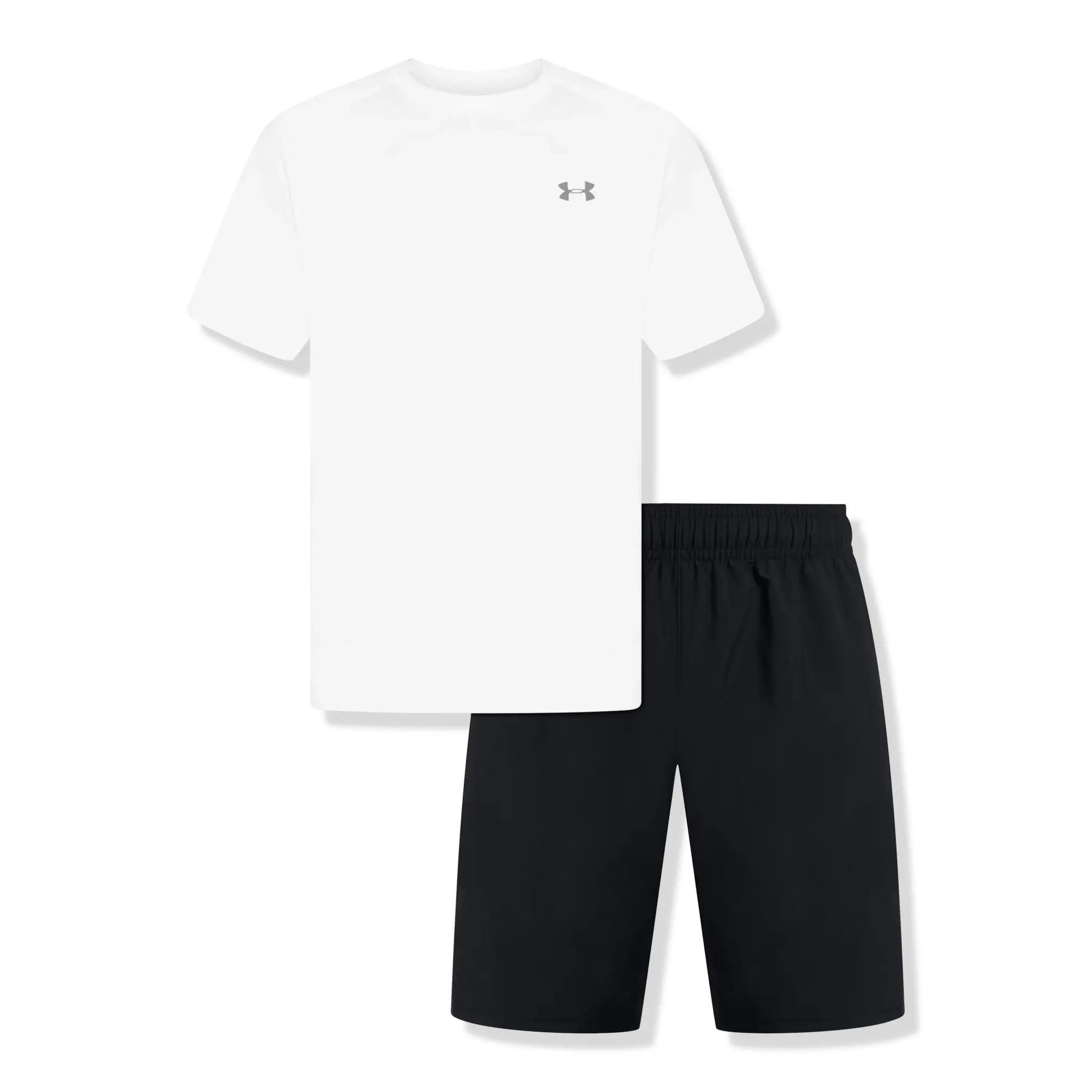 Front view of Under Armour Ua Tech White Black T Shirt & Shorts 1326413 | 1383356 