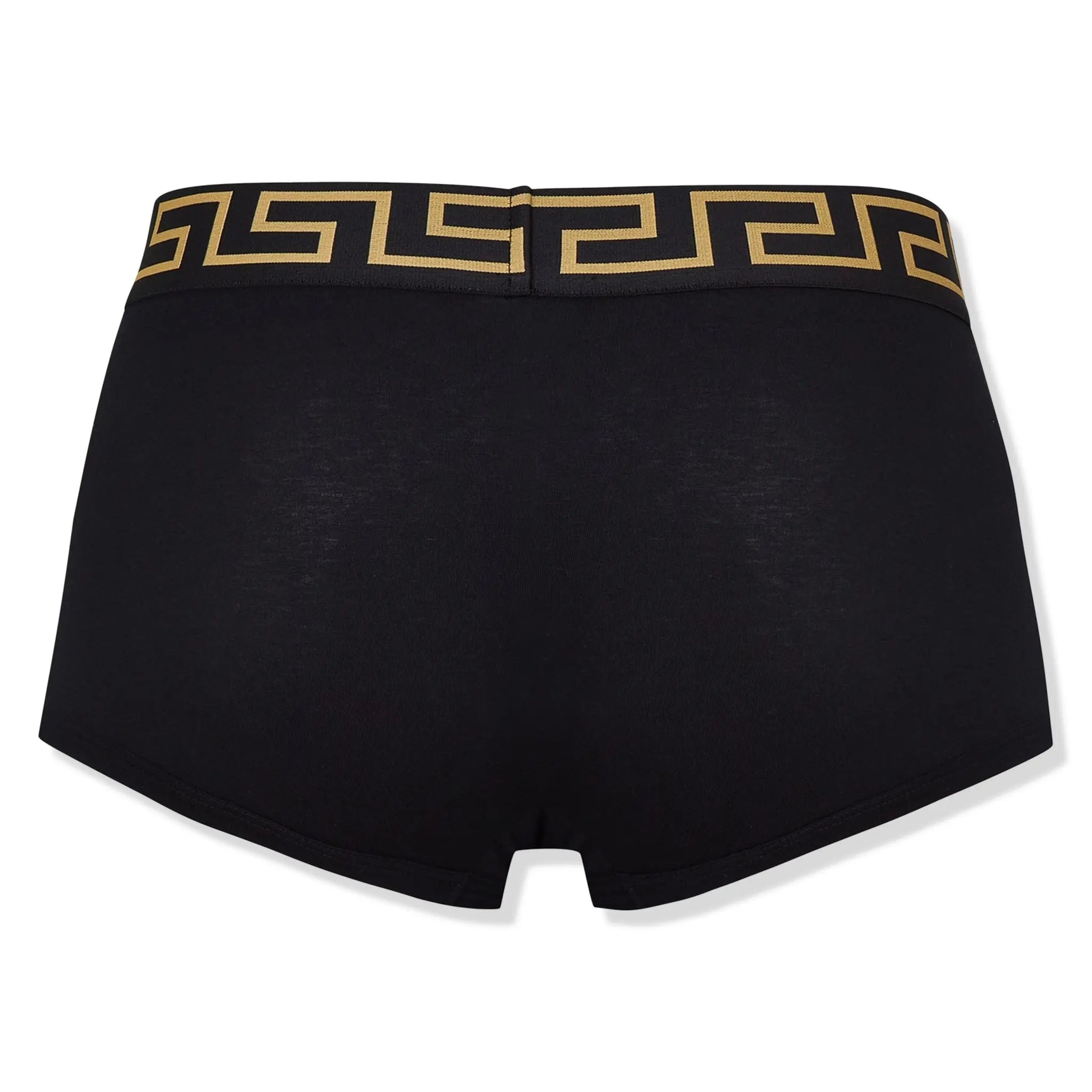 Back view of Versace Icon Two Pack Greca Waistband Black Trunks