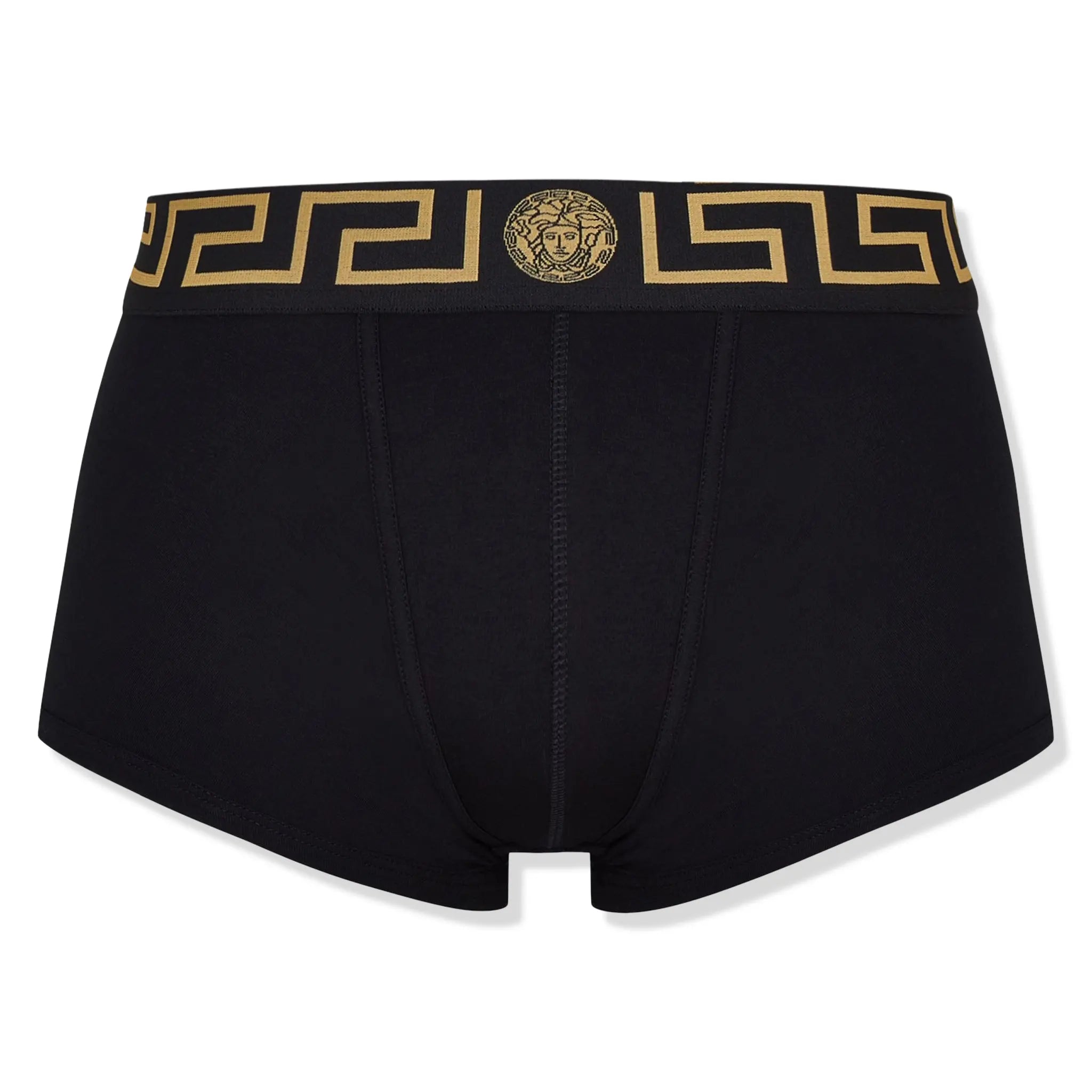 Front view of Versace Icon Two Pack Greca Waistband Black Trunks